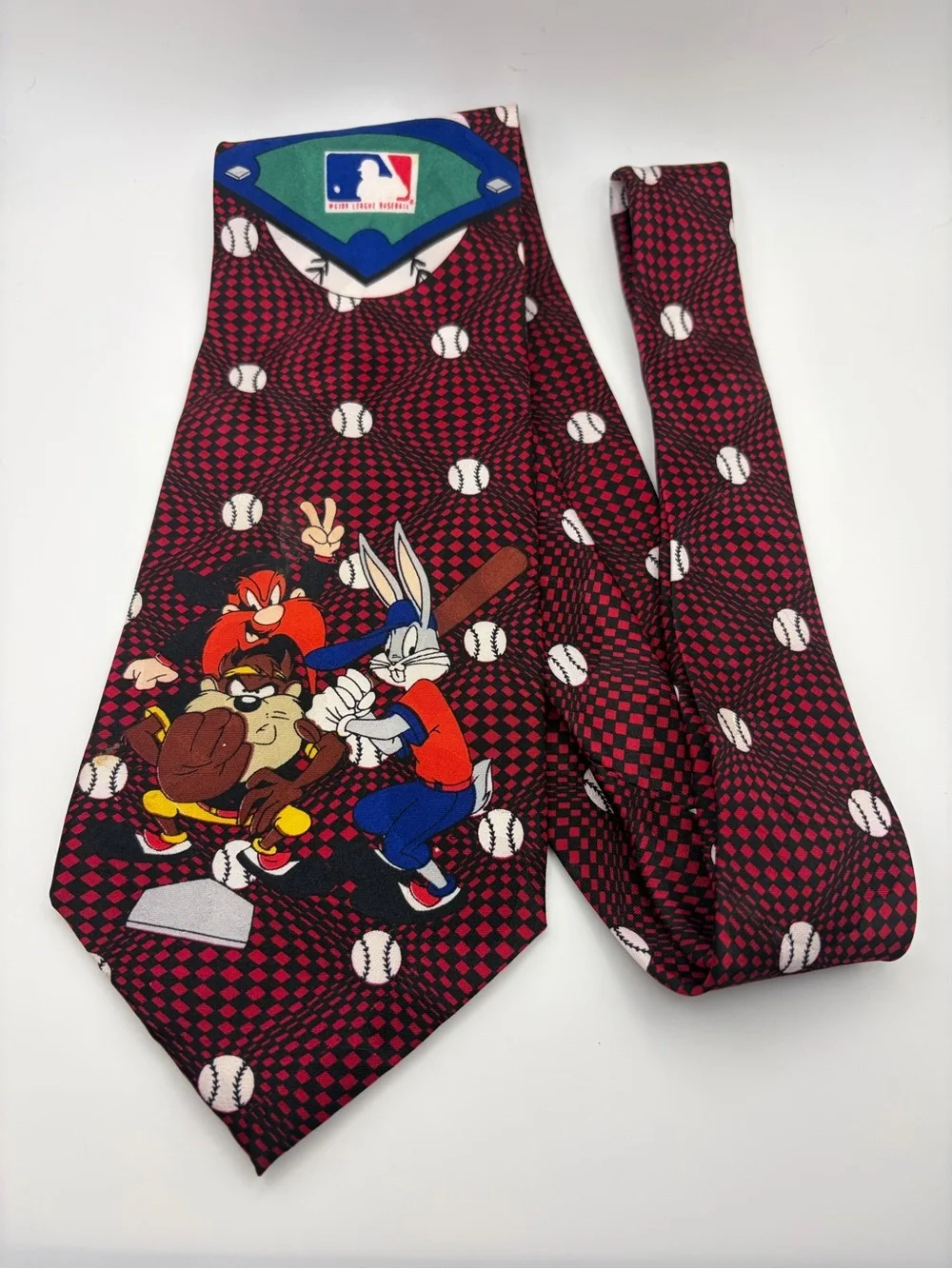 1993 Looney Tunes MLB Baseball Silk Tie Bugs Bunny Taz Yosemite Sam Vintage